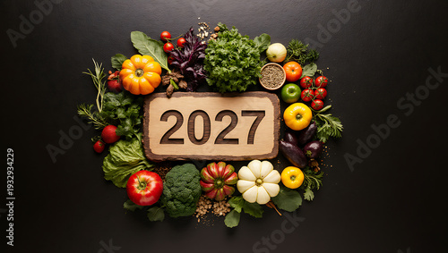 Wooden plaque with the year 2027 surrounded by a circular arrangement of fresh organic vegetables, greens, and spices on a dark background. Concept of healthy eating and wellness goals for 2027.