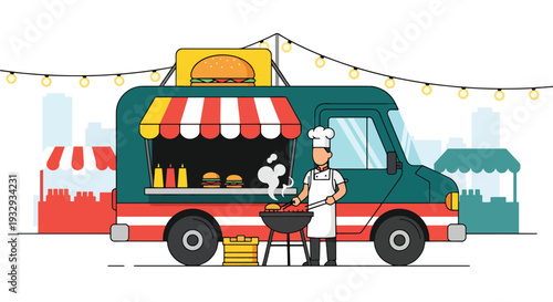 Modern flat vector illustration of burger food truck at night street market with chef grilling and customers waiting. Urban fast food mobile restaurant concept with lively evening outdoor dining scene