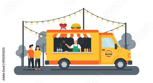 Modern flat vector illustration of burger food truck at night street market with chef grilling and customers waiting. Urban fast food mobile restaurant concept with lively evening outdoor dining scene