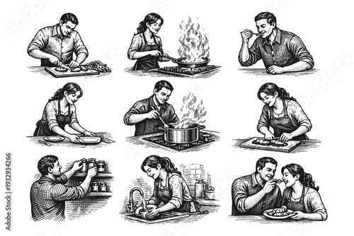 Detailed engraving style black and white vector illustration set of cooking activities including chopping, frying and serving food.