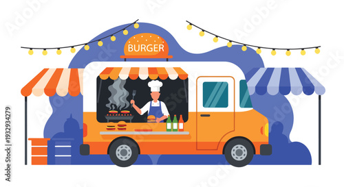 Modern flat vector illustration of burger food truck at night street market with chef grilling and customers waiting. Urban fast food mobile restaurant concept with lively evening outdoor dining scene