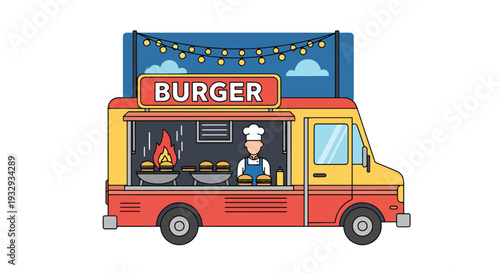 Modern flat vector illustration of burger food truck at night street market with chef grilling and customers waiting. Urban fast food mobile restaurant concept with lively evening outdoor dining scene