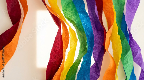 Close up of colorful crepe paper streamer. Rainbow colors. Symbolizing diversity, pride, celebration, inclusivity. White background. Party decoration