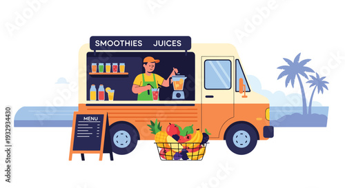 Modern flat vector illustration of smoothie and juice food truck near beach promenade. Healthy lifestyle mobile drink bar concept with fresh fruit beverages, summer vacation and outdoor leisure scene