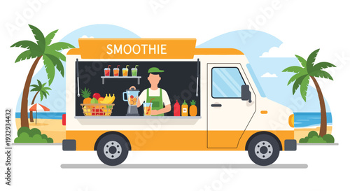 Modern flat vector illustration of smoothie and juice food truck near beach promenade. Healthy lifestyle mobile drink bar concept with fresh fruit beverages, summer vacation and outdoor leisure scene