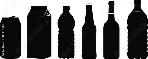 Beverage container silhouette vector set, soda can, milk carton, plastic and glass bottles isolated on white background