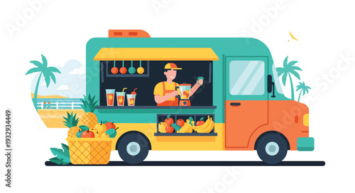 Modern flat vector illustration of smoothie and juice food truck near beach promenade. Healthy lifestyle mobile drink bar concept with fresh fruit beverages, summer vacation and outdoor leisure scene