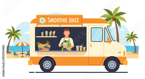 Modern flat vector illustration of smoothie and juice food truck near beach promenade. Healthy lifestyle mobile drink bar concept with fresh fruit beverages, summer vacation and outdoor leisure scene