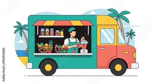 Modern flat vector illustration of smoothie and juice food truck near beach promenade. Healthy lifestyle mobile drink bar concept with fresh fruit beverages, summer vacation and outdoor leisure scene