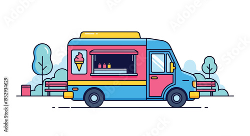 Modern flat vector illustration of ice cream food truck in public park with families buying sweet dessert. Mobile dessert vendor concept with cheerful outdoor leisure, summer snack and lifestyle scene