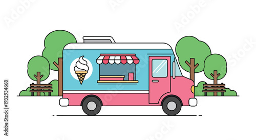Modern flat vector illustration of ice cream food truck in public park with families buying sweet dessert. Mobile dessert vendor concept with cheerful outdoor leisure, summer snack and lifestyle scene