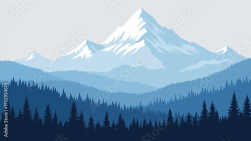 Vector Illustration of Stylized Mountain Forest in Soft Blue Graphic Design with Minimalistic Peaks and Tranquil Atmosphere