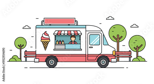 Modern flat vector illustration of ice cream food truck in public park with families buying sweet dessert. Mobile dessert vendor concept with cheerful outdoor leisure, summer snack and lifestyle scene