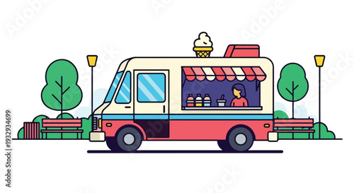 Modern flat vector illustration of ice cream food truck in public park with families buying sweet dessert. Mobile dessert vendor concept with cheerful outdoor leisure, summer snack and lifestyle scene