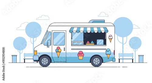 Modern vector illustration of ice cream food truck in public park with families buying frozen dessert. Mobile sweet snack vendor concept with cheerful outdoor leisure and summer lifestyle scene