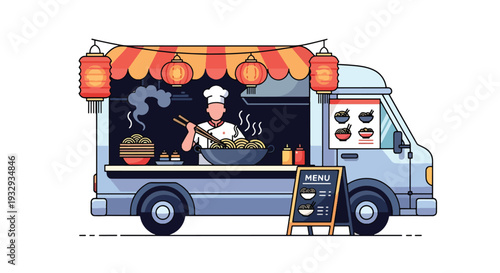 Modern vector illustration of Asian noodle food truck cooking street cuisine at night market. Mobile street restaurant concept with chef wok cooking, customers and urban food festival scene
