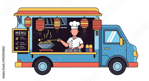 Modern vector illustration of Asian noodle food truck cooking street cuisine at night market. Mobile street restaurant concept with chef wok cooking, customers and urban food festival scene