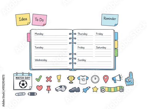 Open weekly planner spread, tabbed notebook pages, paper clips and sticky notes, small reminder icons for Match day calendar with