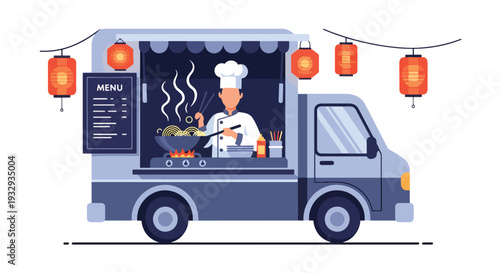 Modern vector illustration of Asian noodle food truck cooking street cuisine at night market. Mobile street restaurant concept with chef wok cooking, customers and urban food festival scene