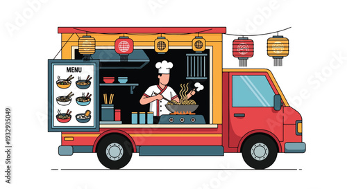 Modern vector illustration of Asian noodle food truck cooking street cuisine at night market. Mobile street restaurant concept with chef wok cooking, customers and urban food festival scene