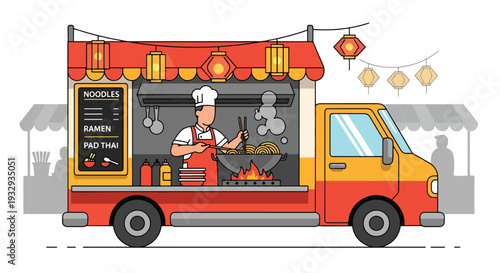 Modern vector illustration of Asian noodle food truck cooking street cuisine at night market. Mobile street restaurant concept with chef wok cooking, customers and urban food festival scene