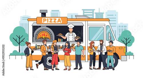 Modern vector illustration of pizza food truck serving fresh slices in busy city plaza. Mobile fast food restaurant concept with chef oven service, customers and urban street lifestyle scene