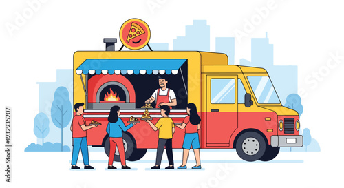 Modern vector illustration of pizza food truck serving fresh slices in busy city plaza. Mobile fast food restaurant concept with chef oven service, customers and urban street lifestyle scene