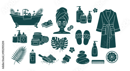 Wellness Spa Beauty Treatment Tropical Bath Ritual Self-Care Elements Vector Icons Set