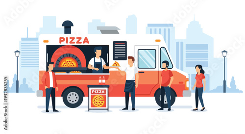 Modern vector illustration of pizza food truck serving fresh slices in busy city plaza. Mobile fast food restaurant concept with chef oven service, customers and urban street lifestyle scene