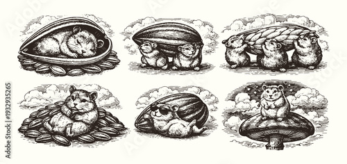 Vintage engraving line art vector illustration of cute hamster with seeds and sunflower, detailed black and white animal sketch