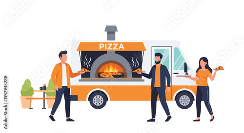 Modern vector illustration of pizza food truck serving fresh slices in busy city plaza. Mobile fast food restaurant concept with chef oven service, customers and urban street lifestyle scene