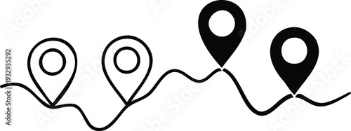 Four black location pins connected by a path