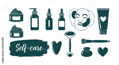 Modern Self-Care Skincare Routine Beauty Wellness Products Cosmetic Icons Vector Set