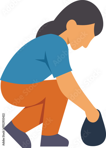 Flat vector illustration of a woman bending down to pick up an object from the ground