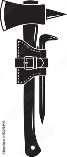 A black and white image of an axe and knife