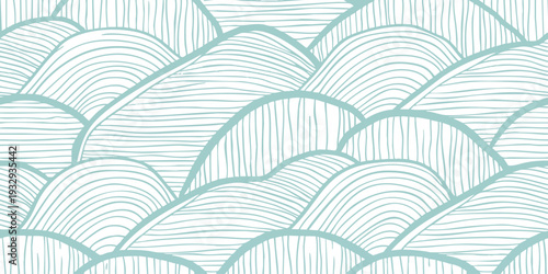 Hand-drawn seamless pattern with abstract blue hills and wavy lines on white background vector illustration for textile design