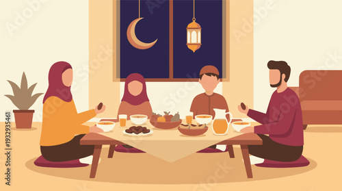 Muslim family enjoying Iftar meal at home during holy month of Ramadan