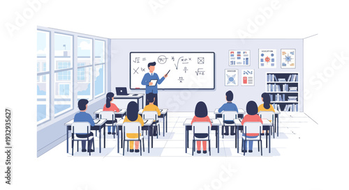 Teacher instructing students in a modern classroom with whiteboard and bookshelves