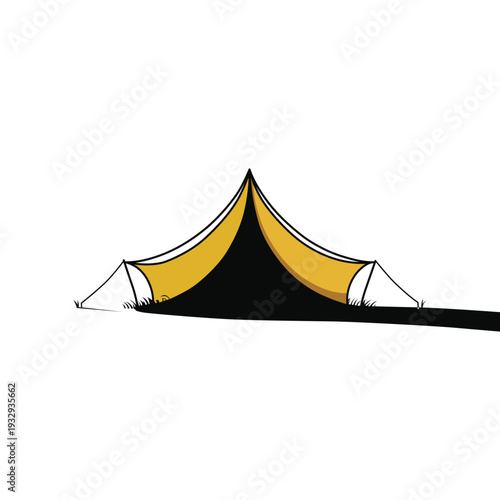 Yellow and white tent on grass with black shadow outdoors in daytime
