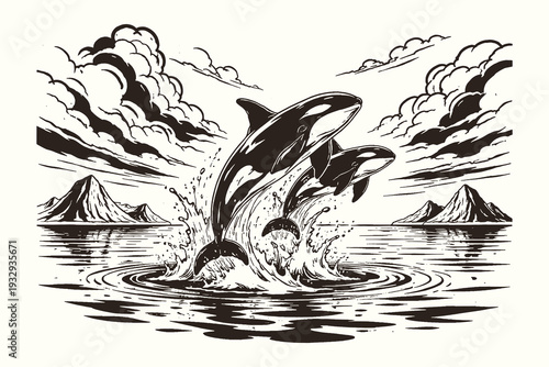 Vintage engraving style black and white vector illustration of orca whales leaping above ocean waves in dramatic marine line art scene.