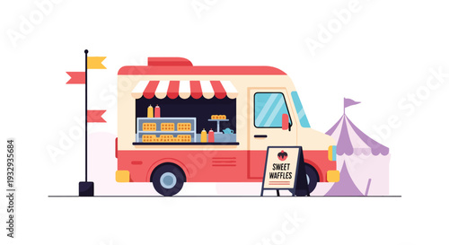 Modern vector illustration of waffle dessert food truck at carnival fair serving sweet snacks. Mobile dessert cafe concept with customers, toppings menu and outdoor festival lifestyle scene