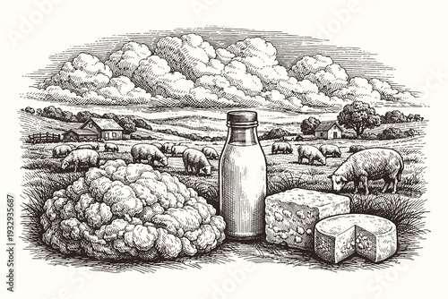 Vintage engraving style black and white vector illustration of sheep farm products with wool fleece, milk bottle and cheese in rural landscape.