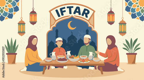 Illustration of a Muslim family enjoying Iftar together during Ramadan