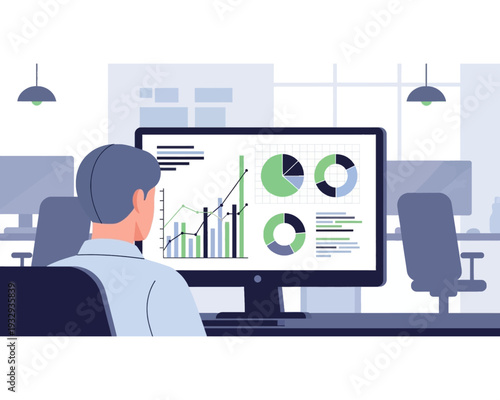 Vector graphic illustration of a financial analyst reviewing complex business growth statistics on a large computer monitor