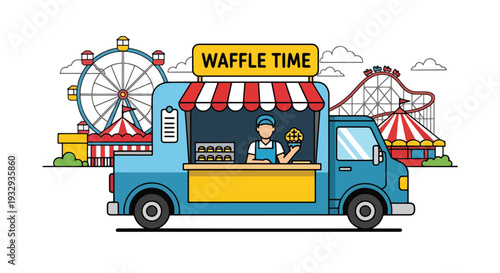 Modern vector illustration of waffle dessert food truck at carnival fair serving sweet snacks. Mobile dessert cafe concept with customers, toppings menu and outdoor festival lifestyle scene
