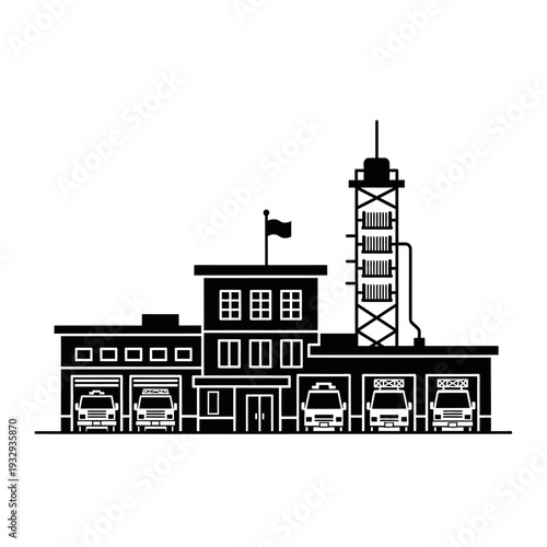 Fire Station Building with Fire Trucks Silhouette, Emergency Services Icon