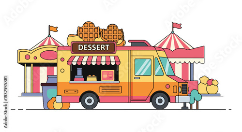Modern vector illustration of waffle dessert food truck at carnival fair serving sweet snacks. Mobile dessert cafe concept with customers, toppings menu and outdoor festival lifestyle scene