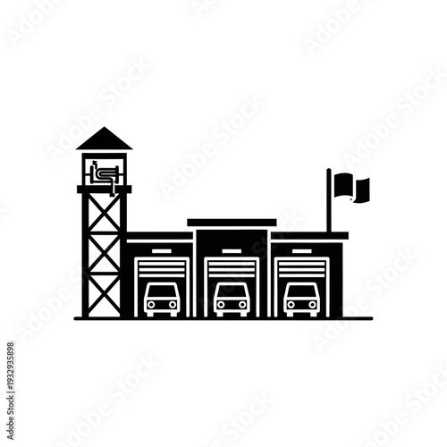 Fire Station Building with Trucks and Watch Tower - Black and White Icon