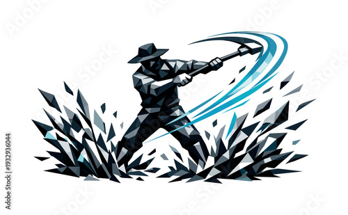 Low-poly vector illustration of a farmer breaking through with a decisive harvest sweep, tool completing a powerful arc as