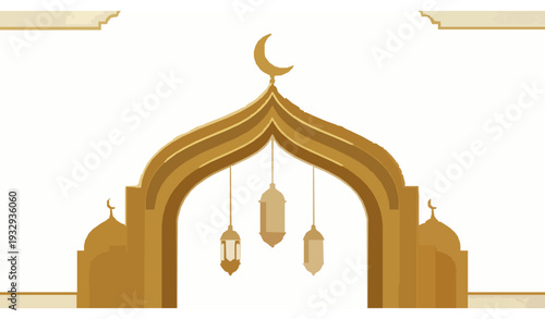 Luxury Islamic White and Gold Banner with Crescent Lanterns and Mosque Gate Vector Illustration